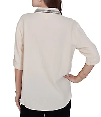 Ruby Rd. Petite Size Double Cotton Gauze Embroidered Point Collar 3/4 Roll-Tab Sleeve Button-Front Shirt