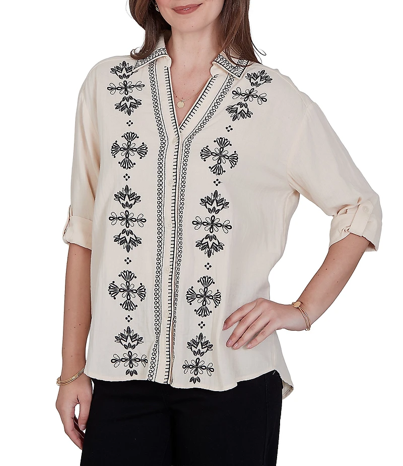 Ruby Rd. Petite Size Double Cotton Gauze Embroidered Point Collar 3/4 Roll-Tab Sleeve Button-Front Shirt