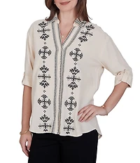 Ruby Rd. Petite Size Double Cotton Gauze Embroidered Point Collar 3/4 Roll-Tab Sleeve Button-Front Shirt