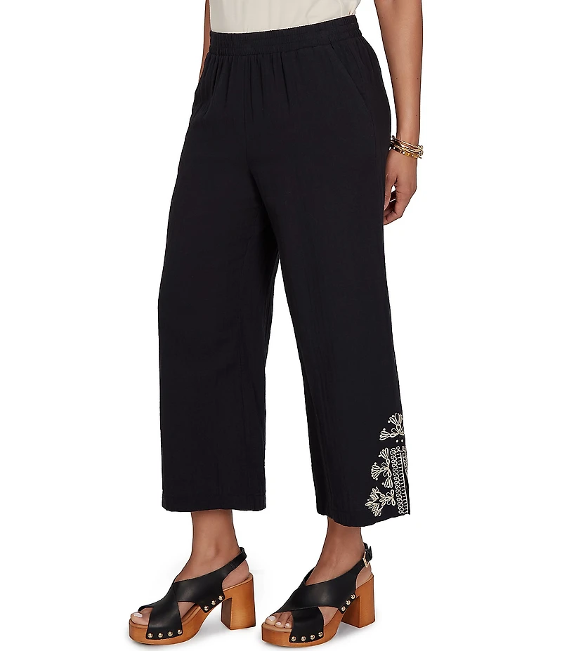 Ruby Rd. Petite Size Double Cotton Gauze Intricate Embroidered Pull-On Ankle Pants