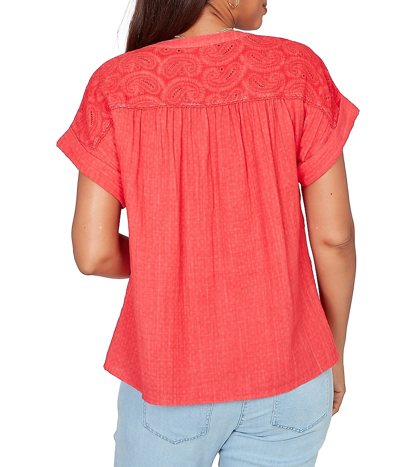 Ruby Rd. Petite Size Double Gauze Woven Paisley Embroidered Button-Front Blouse