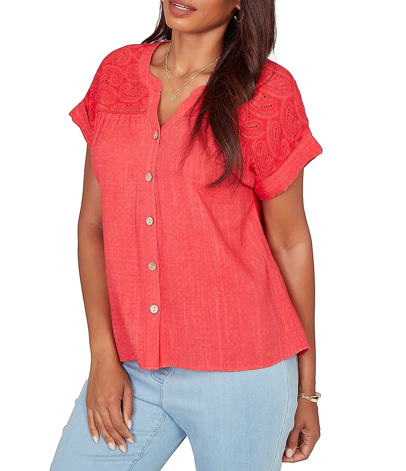 Ruby Rd. Petite Size Double Gauze Woven Paisley Embroidered Button-Front Blouse