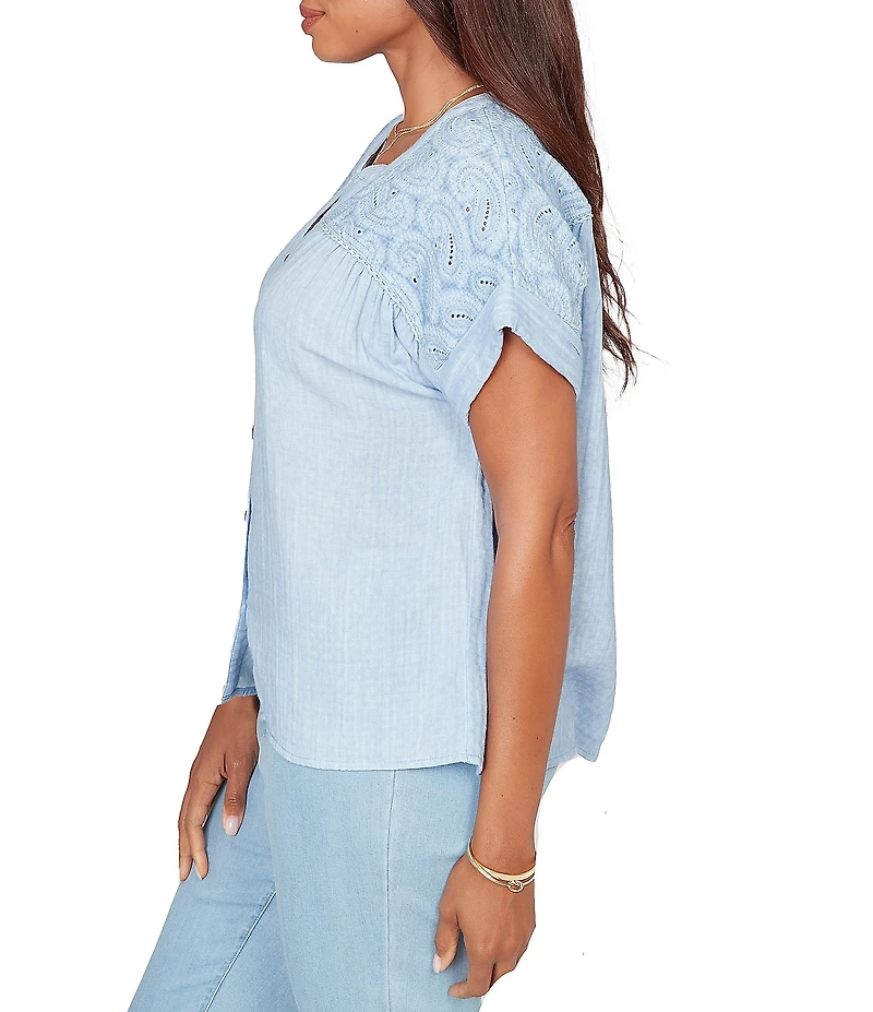 Ruby Rd. Petite Size Double Gauze Woven Paisley Embroidered Button-Front Blouse