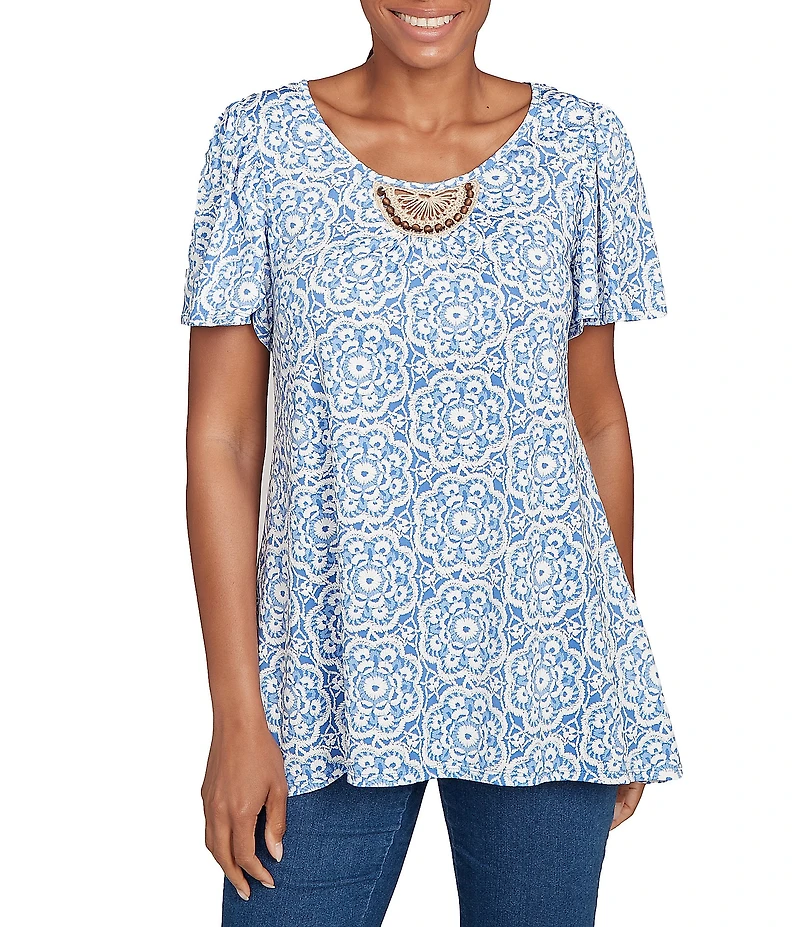 Ruby Rd. Petite Size Embellished Beaded Macrame Scoop Neck Short Sleeve Top