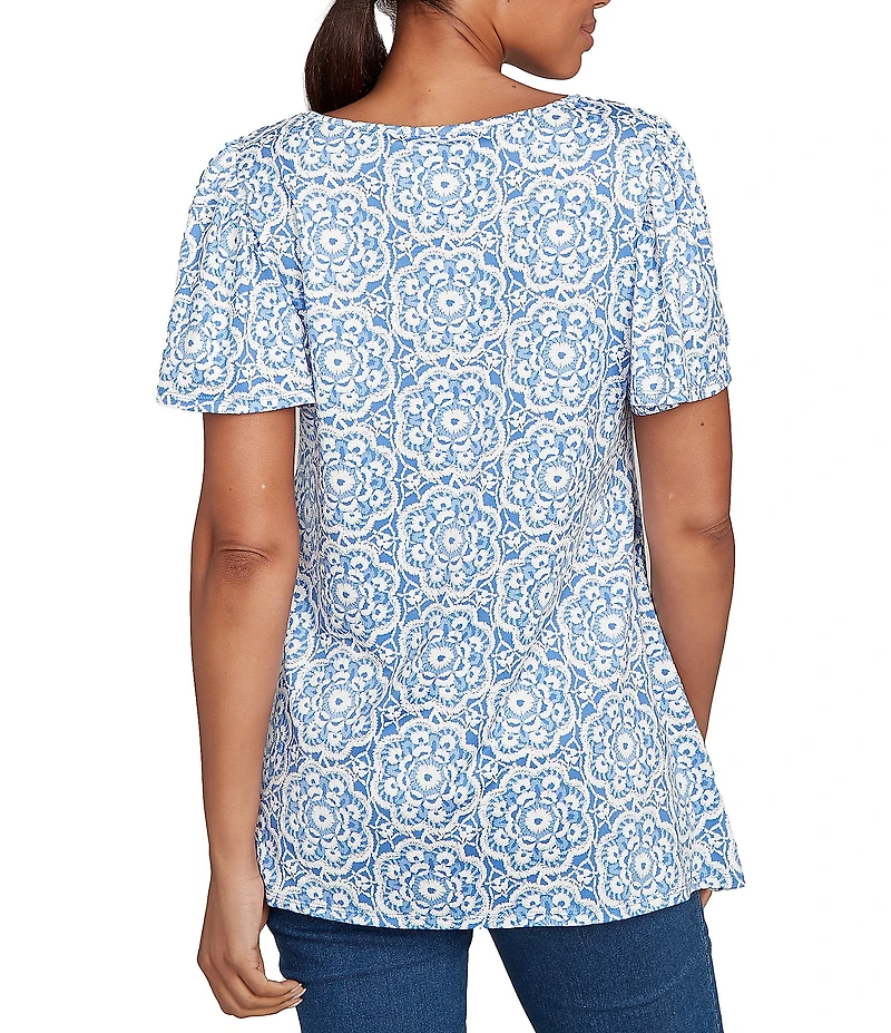 Ruby Rd. Petite Size Embellished Beaded Macrame Scoop Neck Short Sleeve Top