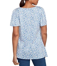 Ruby Rd. Petite Size Embellished Beaded Macrame Scoop Neck Short Sleeve Top