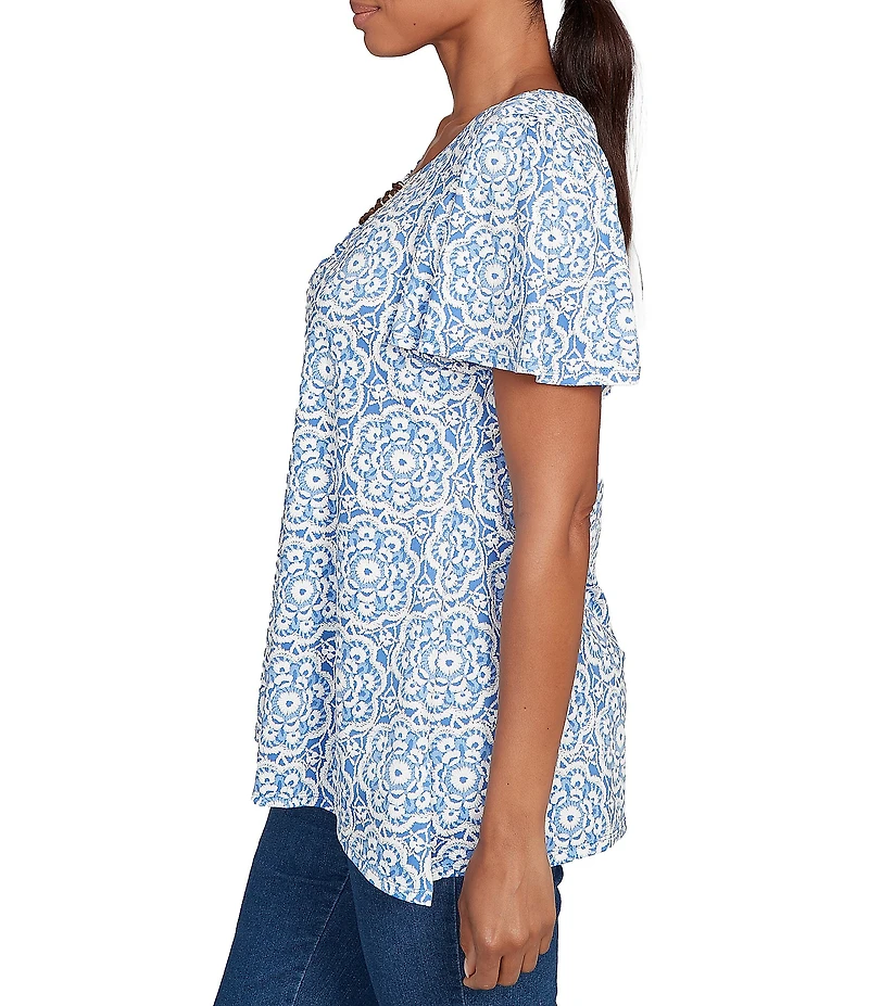 Ruby Rd. Petite Size Embellished Beaded Macrame Scoop Neck Short Sleeve Top