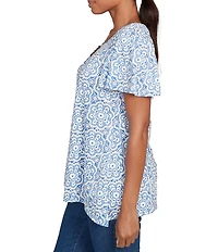 Ruby Rd. Petite Size Embellished Beaded Macrame Scoop Neck Short Sleeve Top