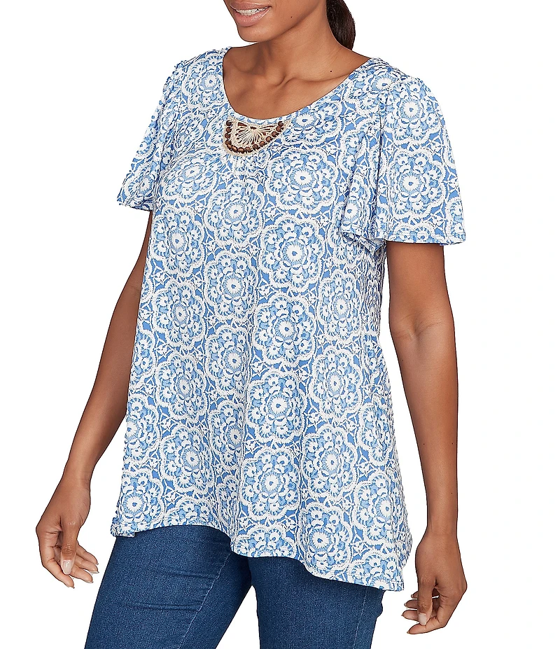 Ruby Rd. Petite Size Embellished Beaded Macrame Scoop Neck Short Sleeve Top