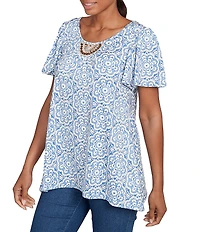 Ruby Rd. Petite Size Embellished Beaded Macrame Scoop Neck Short Sleeve Top