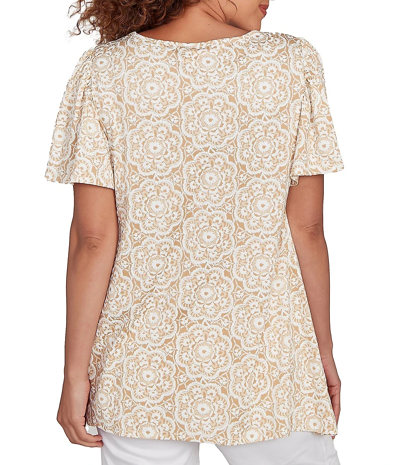 Ruby Rd. Petite Size Embellished Beaded Macrame Scoop Neck Short Sleeve Top