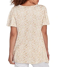 Ruby Rd. Petite Size Embellished Beaded Macrame Scoop Neck Short Sleeve Top