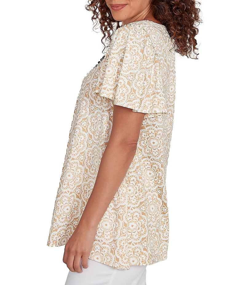 Ruby Rd. Petite Size Embellished Beaded Macrame Scoop Neck Short Sleeve Top