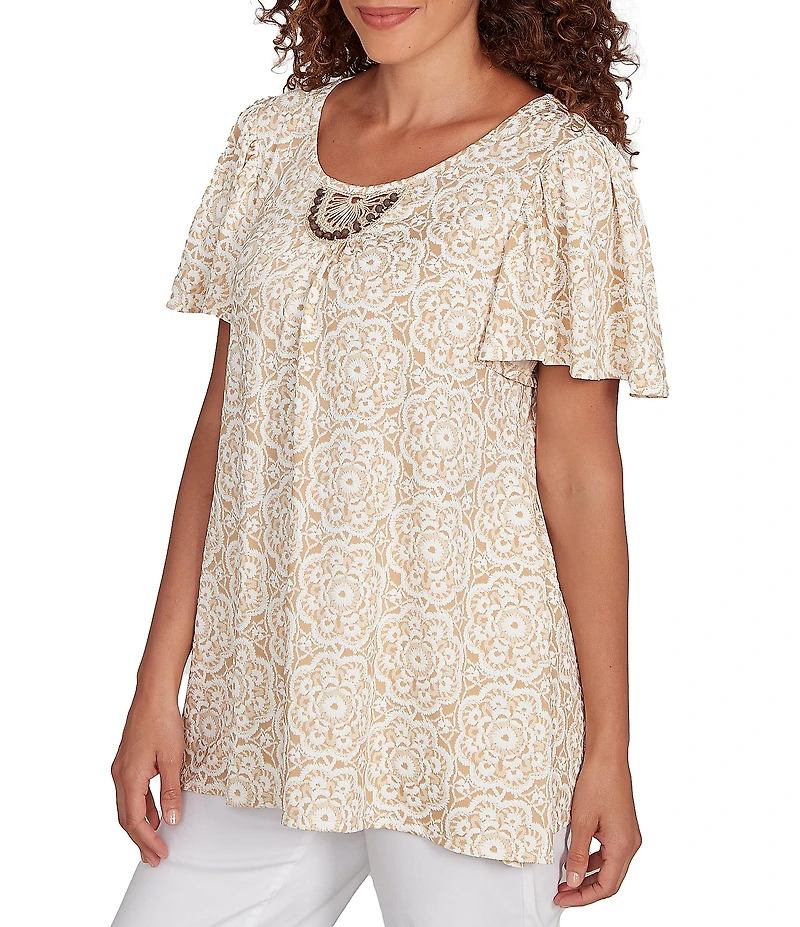Ruby Rd. Petite Size Embellished Beaded Macrame Scoop Neck Short Sleeve Top