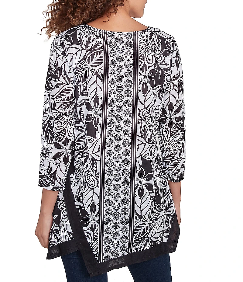 Ruby Rd. Petite Size Embellished Printed Scoop Neck 3/4 Sleeve Shark-Bite Hem Top