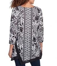 Ruby Rd. Petite Size Embellished Printed Scoop Neck 3/4 Sleeve Shark-Bite Hem Top