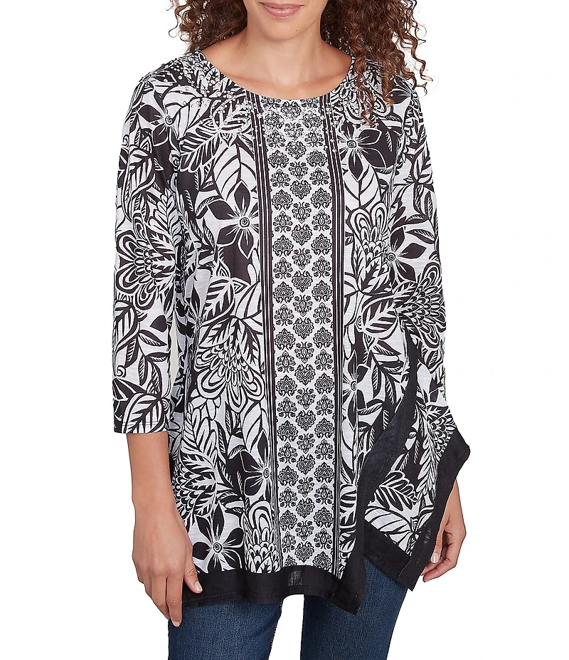 Ruby Rd. Petite Size Embellished Printed Scoop Neck 3/4 Sleeve Shark-Bite Hem Top