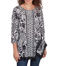 Ruby Rd. Petite Size Embellished Printed Scoop Neck 3/4 Sleeve Shark-Bite Hem Top