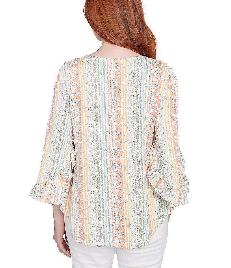 Ruby Rd. Petite Size Stripe Floral Puff Print V-Neck 3/4 Bell Sleeve Top