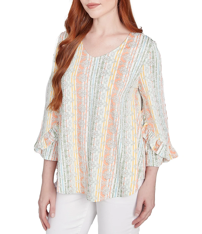 Ruby Rd. Petite Size Stripe Floral Puff Print V-Neck 3/4 Bell Sleeve Top