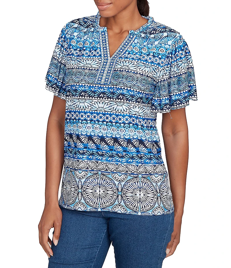 Ruby Rd. Petite Size Embellished Stripe Split V-Nek Short Sleeve Knit Top