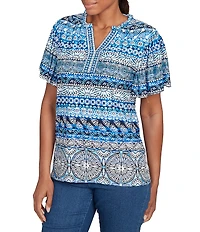 Ruby Rd. Petite Size Embellished Stripe Split V-Nek Short Sleeve Knit Top