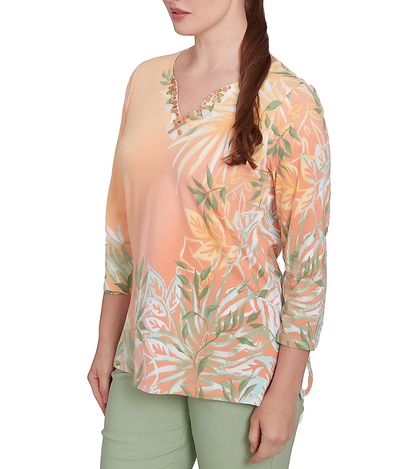 Ruby Rd. Petite Size Embellished V-Neck 3/4 Sleeve Knit Top