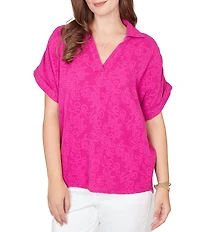 Ruby Rd. Petite Size Embossed Gauze Woven Paisley Spread Collar Short Rolled Sleeves Top