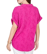 Ruby Rd. Petite Size Embossed Gauze Woven Paisley Spread Collar Short Rolled Sleeves Top