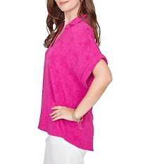 Ruby Rd. Petite Size Embossed Gauze Woven Paisley Spread Collar Short Rolled Sleeves Top