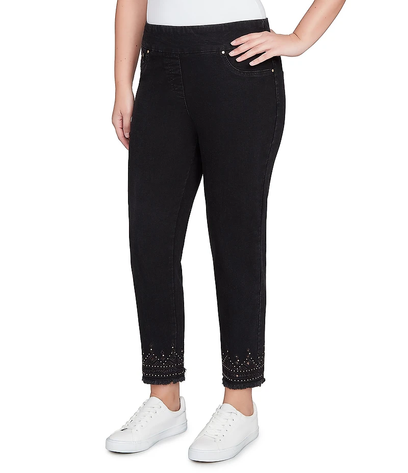 Ruby Rd. Petite Size Embroidered Bead Fringe Hem Pull-On Ankle Denim Jeans