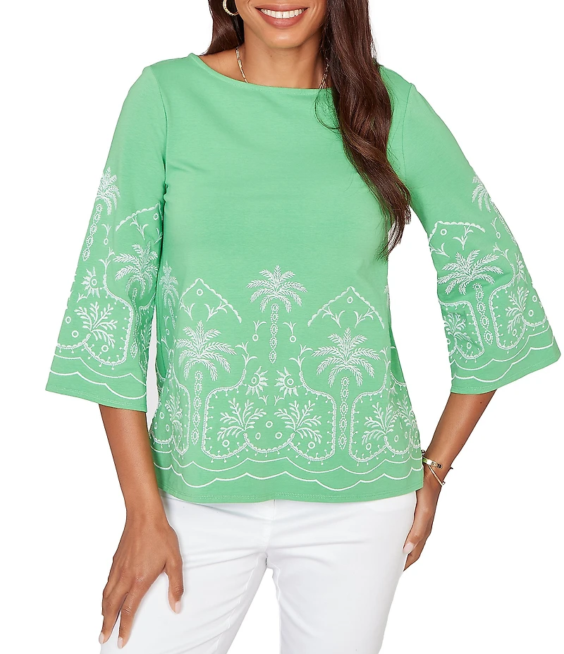Ruby Rd. Petite Size Embroidered Boat Neck 3/4 Sleeve Top