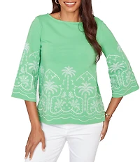 Ruby Rd. Petite Size Embroidered Boat Neck 3/4 Sleeve Top
