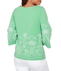 Ruby Rd. Petite Size Embroidered Boat Neck 3/4 Sleeve Top