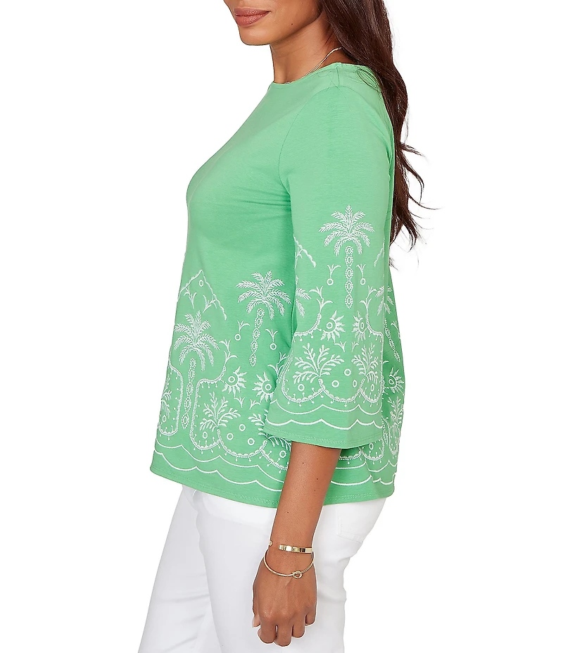 Ruby Rd. Petite Size Embroidered Boat Neck 3/4 Sleeve Top