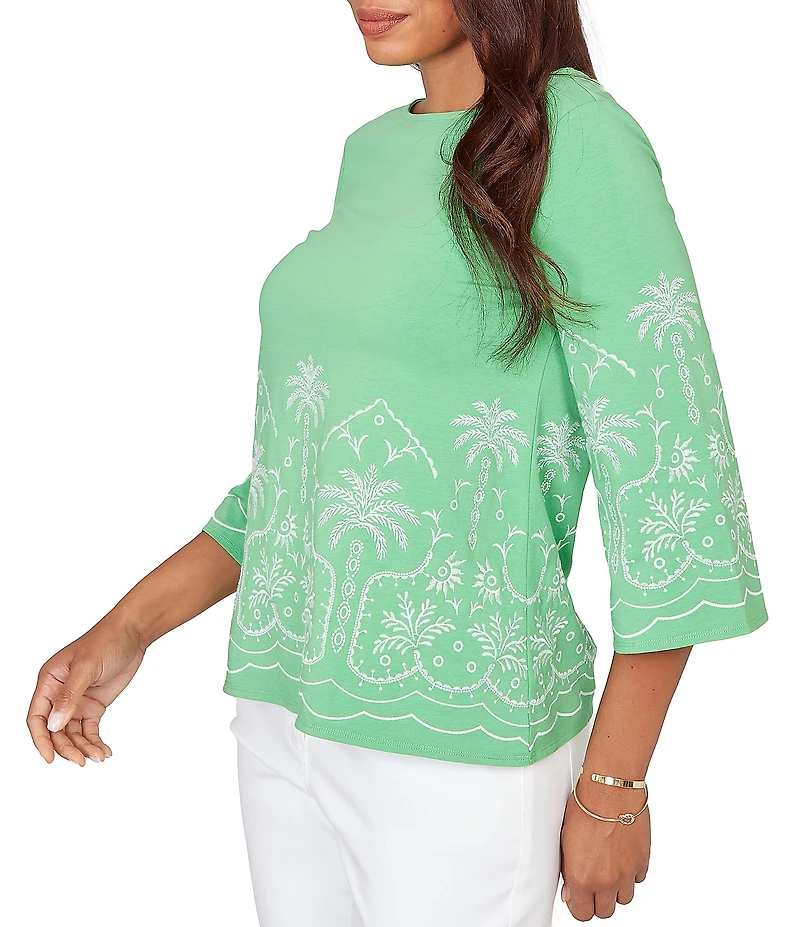 Ruby Rd. Petite Size Embroidered Boat Neck 3/4 Sleeve Top