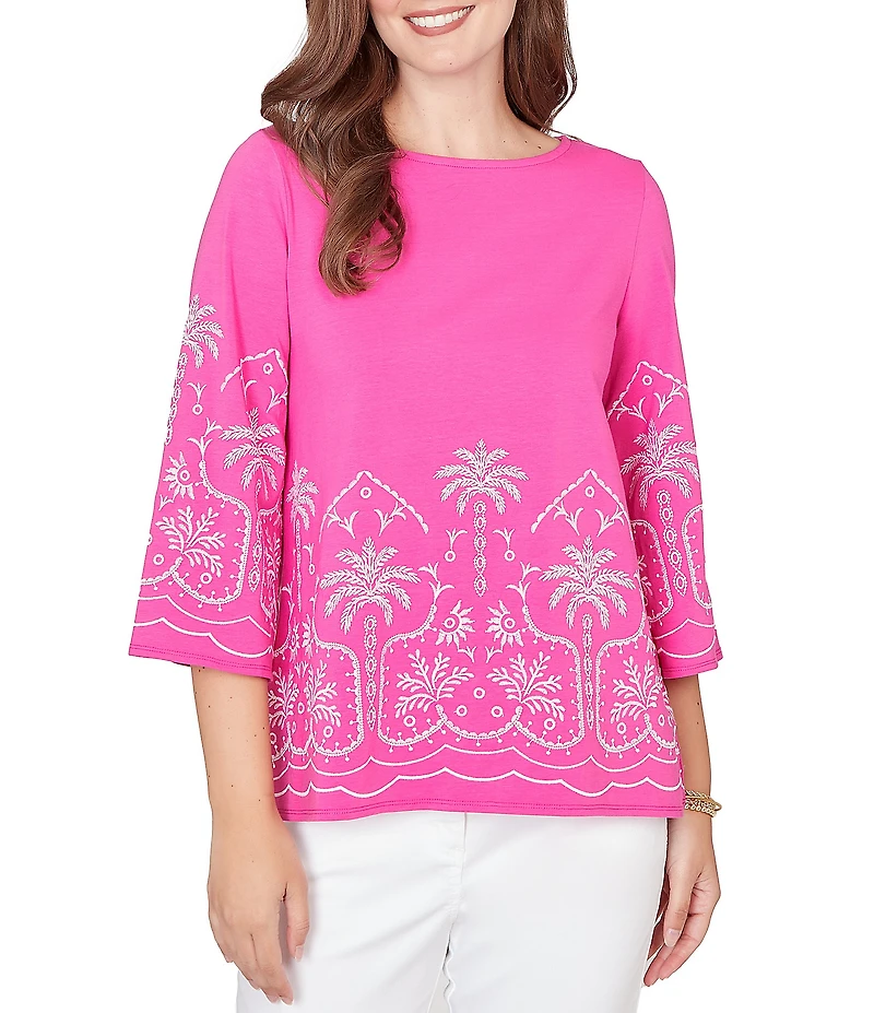 Ruby Rd. Petite Size Embroidered Boat Neck 3/4 Sleeve Top