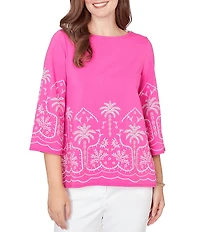 Ruby Rd. Petite Size Embroidered Boat Neck 3/4 Sleeve Top