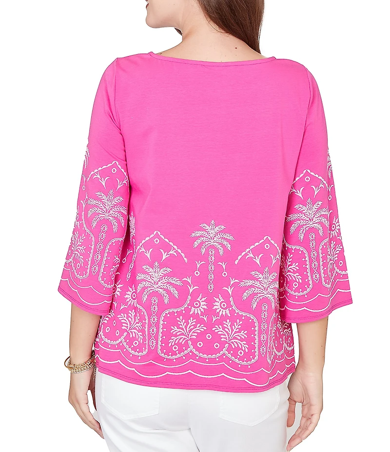 Ruby Rd. Petite Size Embroidered Boat Neck 3/4 Sleeve Top