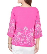 Ruby Rd. Petite Size Embroidered Boat Neck 3/4 Sleeve Top