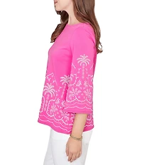 Ruby Rd. Petite Size Embroidered Boat Neck 3/4 Sleeve Top