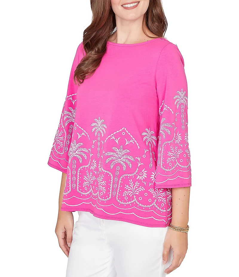 Ruby Rd. Petite Size Embroidered Boat Neck 3/4 Sleeve Top