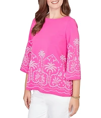 Ruby Rd. Petite Size Embroidered Boat Neck 3/4 Sleeve Top