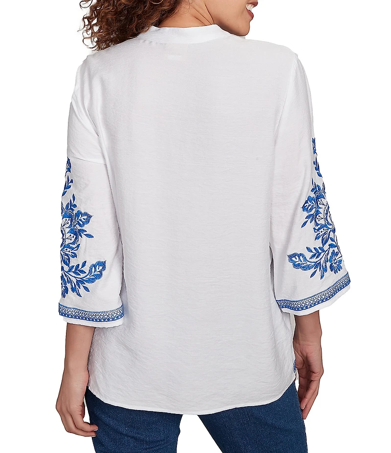 Ruby Rd. Petite Size Embroidered Floral Banded Collar 3/4 Sleeve Button Front Shirt