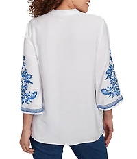 Ruby Rd. Petite Size Embroidered Floral Banded Collar 3/4 Sleeve Button Front Shirt