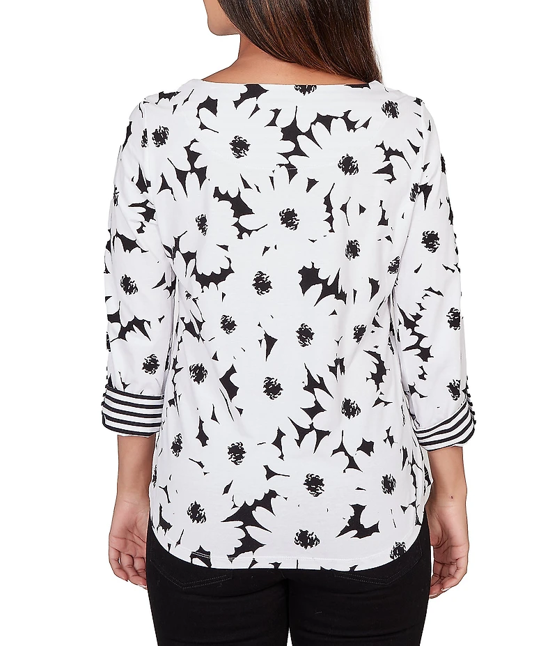 Ruby Rd. Petite Size Embroidered Floral Cotton Jersey Knit Boat Neck 3/4 Roll-Tab Sleeve Top