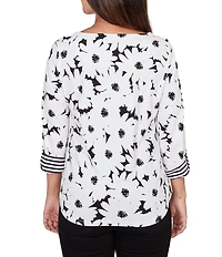 Ruby Rd. Petite Size Embroidered Floral Cotton Jersey Knit Boat Neck 3/4 Roll-Tab Sleeve Top