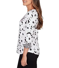 Ruby Rd. Petite Size Embroidered Floral Cotton Jersey Knit Boat Neck 3/4 Roll-Tab Sleeve Top