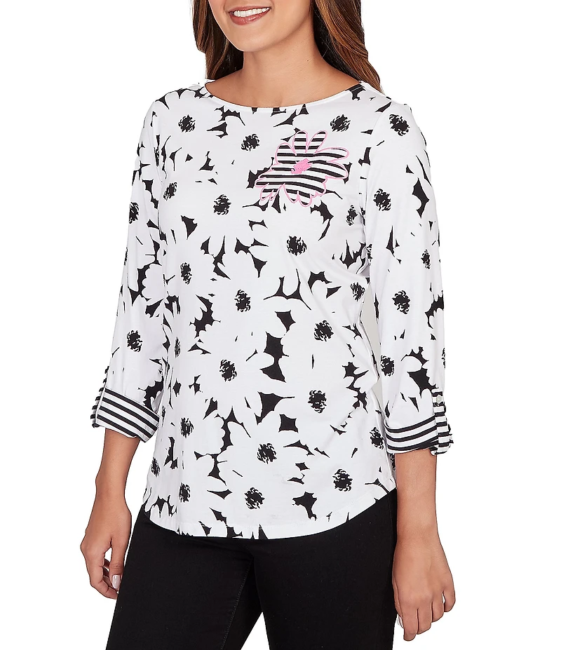 Ruby Rd. Petite Size Embroidered Floral Cotton Jersey Knit Boat Neck 3/4 Roll-Tab Sleeve Top