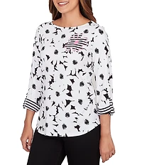 Ruby Rd. Petite Size Embroidered Floral Cotton Jersey Knit Boat Neck 3/4 Roll-Tab Sleeve Top